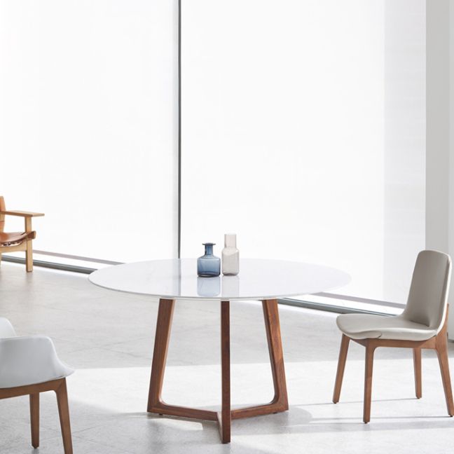 Solid Wood Sled Base Table Modern Round Dining Site Table with Stone Top