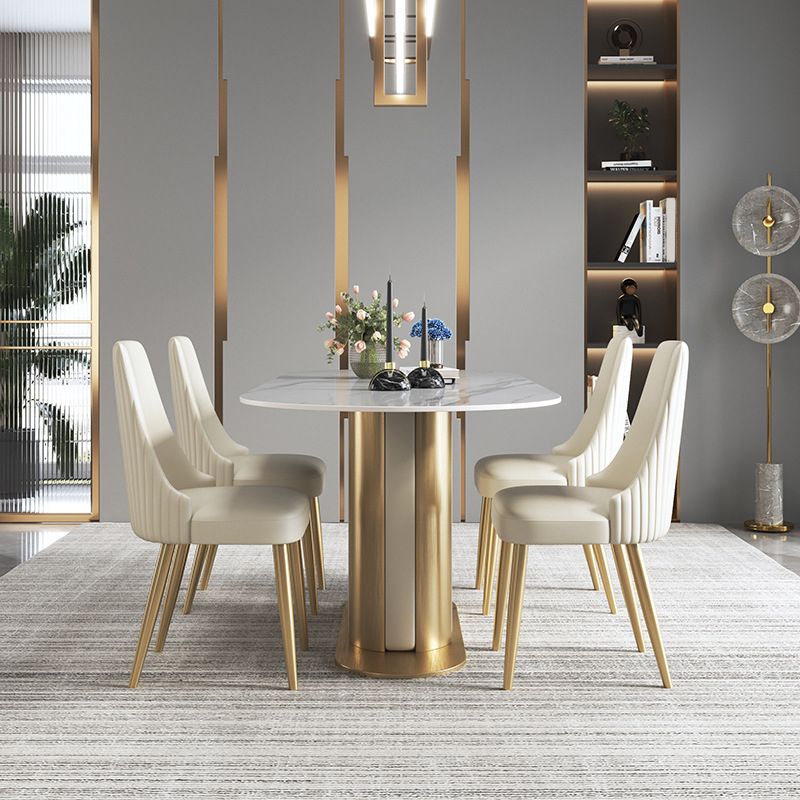 Metal Pedestal Base Dining Table Glam Stone Table for Dining Room