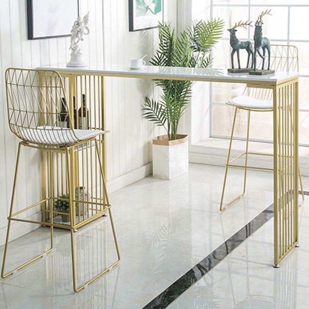 Glam Iron Bar Dining Table White Faux Marble Top Rectangle Indoor Bistro Table with Shelf Clearhalo 'Bar Furniture' 'Bar Tables' 'bar_tables' 'furn' 'furn_bar_tables' 'Furniture' 'furniture_bar_tables' 'Kitchen & Dining Furniture' 1200x1200_e0824b02-db82-44f4-83a8-2ceb5efc1e6d