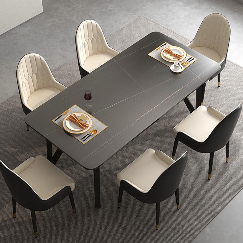 Industrial Rectangle Tripod Base Dining Table Black Frame Stone Top Dining Table Clearhalo 'Dining Tables & Seating' 'Dining Tables' 'dining_table' 'furn' 'furn_dining_table' 'Furniture' 'furniture_dining_table' 'Kitchen & Dining Furniture' 'kitchen' 'kitchen_dining_table' 1200x1200_e09e3d39-1b9b-4104-a53f-136354464844