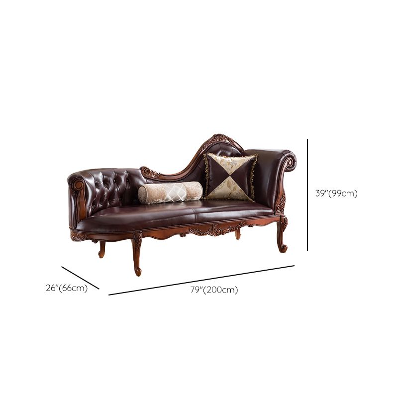 Traditional Brown Genuine Leather Chaise Rolled Arms Tufted Accent Chair