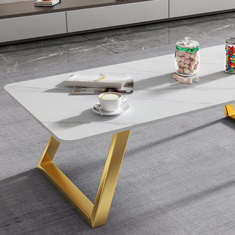 Glam Coffe Table with Rectangle Stone Top and Sled Iron Legs