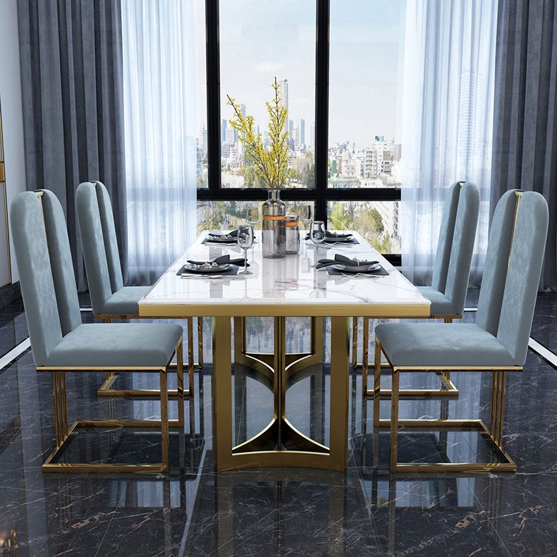 Luxury Sintered Stone Top Kitchen Table Rectangle Table with Gold Double Pedestal Clearhalo 'Dining Tables & Seating' 'Dining Tables' 'dining_table' 'furn' 'furn_dining_table' 'Furniture' 'furniture_dining_table' 'Kitchen & Dining Furniture' 1200x1200_e0e8aedb-23d0-4b57-a228-8d0e9a9f4925