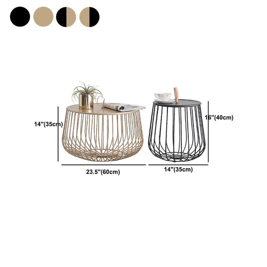 Mid-century Modern Round Iron Coffee Table, Brass/Black Frame Cocktail Table with Storage