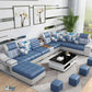 Divano in ecopelle e divano con chaise longue con braccioli e contenitori in blu