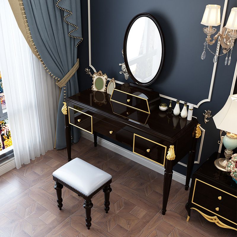 Ensemble de tabourets de coiffeuse de maquillage en miroir en bois noir / blanc