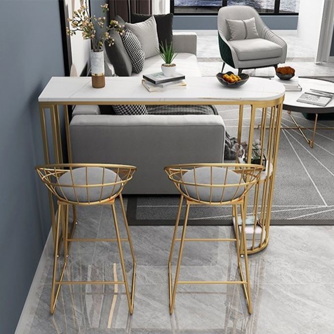 Glam Bar Stool and Table Set 1/2/3 Pcs Metal and Stone Pub Table with Upholstered Stools