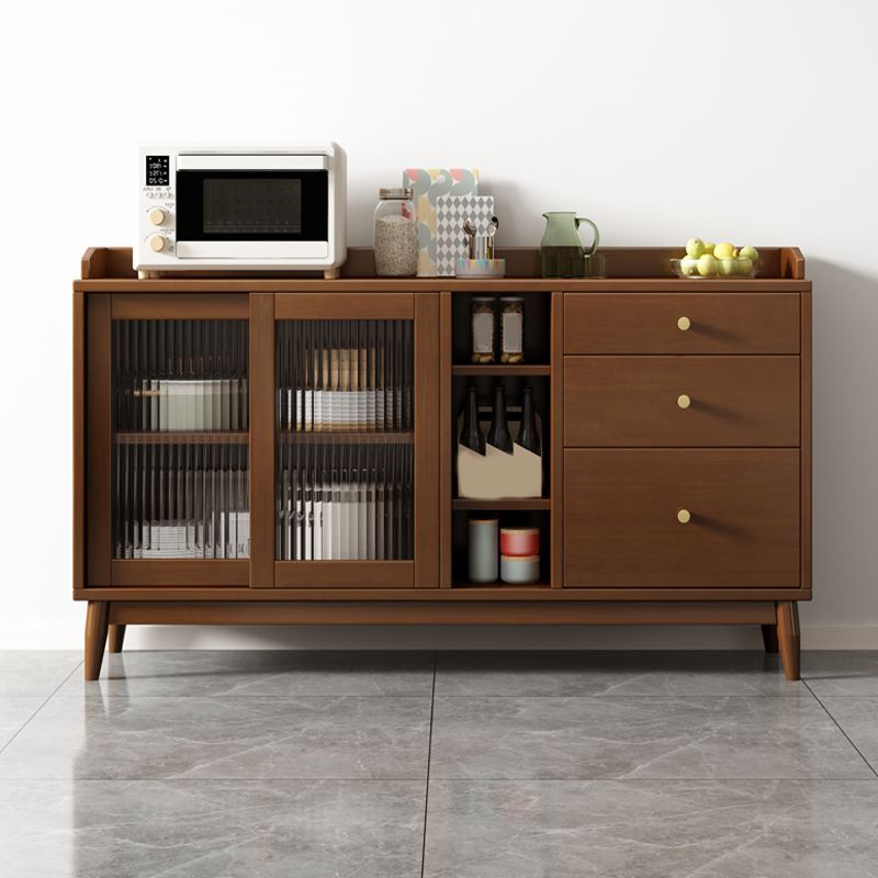 Glam Glass Doors Buffet Stand Rubberwood Solid Wood Sideboard with 3-Drawers