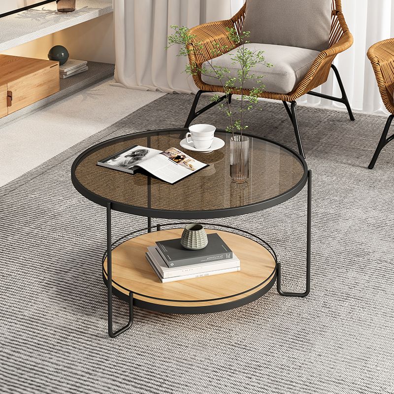 Table basse ronde en verre de 17,7 po de hauteur, table de cocktail à 3 pieds en fer avec étagère