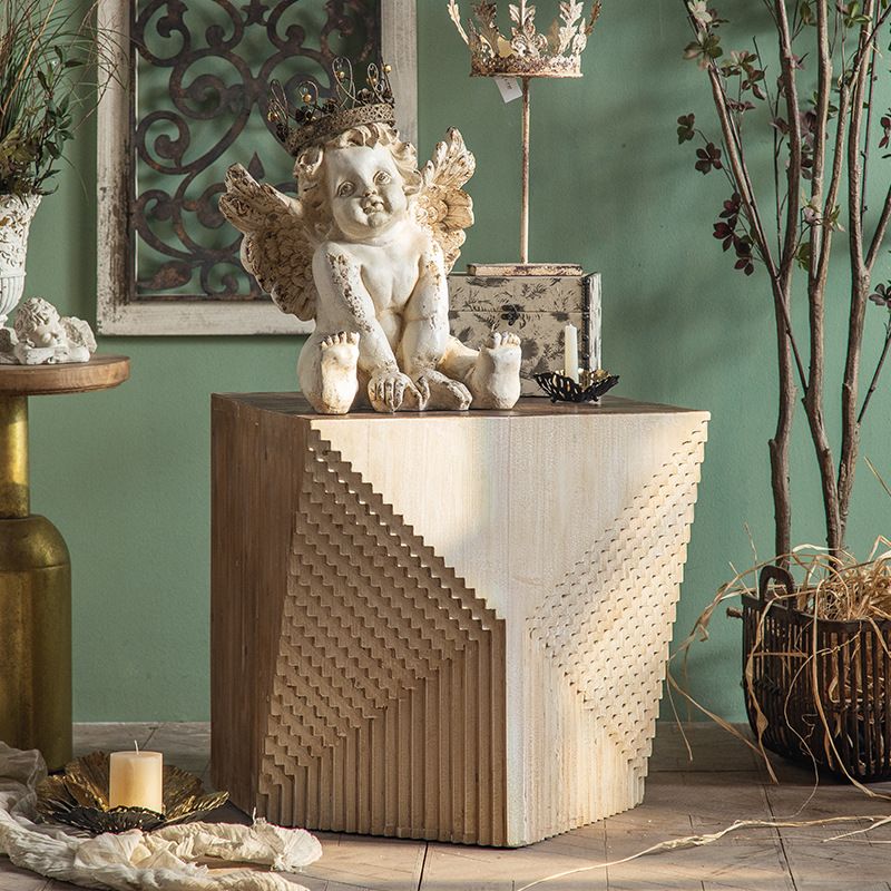 Solid Wood Drum End Table Rustic Engraved Design Accent Side Table