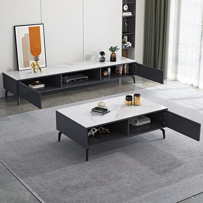 Glam TV Console Stone Media Console Black/White Open Storage Console Clearhalo 'furn' 'furn_tv_stands_entertainment_centers' 'Furniture' 'Living Room Furniture' 'TV Stands & Entertainment Centers' 'TV Stands & Media Storage Furniture' 'tv_stands_entertainment_centers' 1200x1200_e195985e-6212-4834-b672-7f1d46398d1e