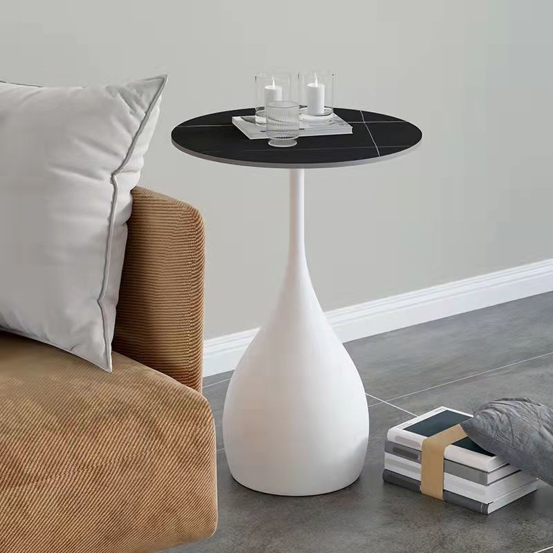 Modern Round Stone Pedestal Sofa Side Accent Table - Dia 12.6-In