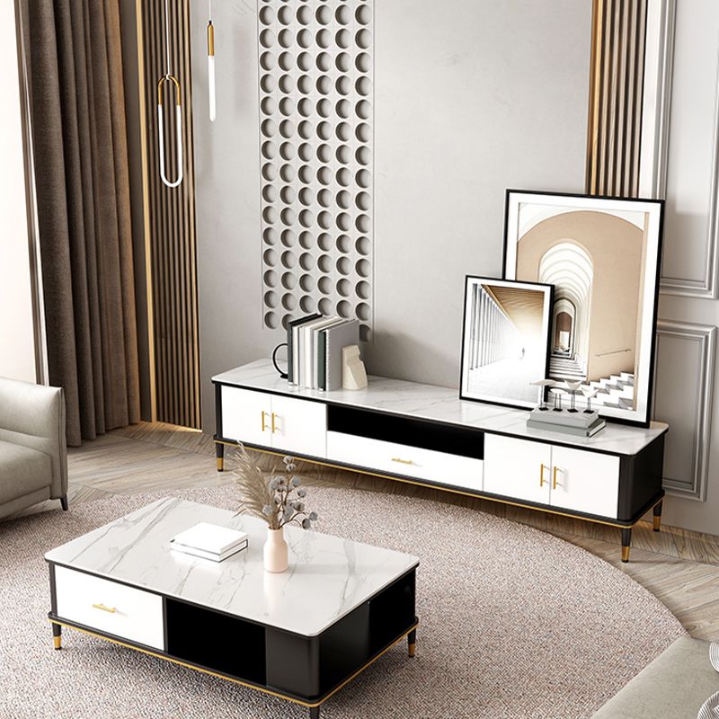 Contemporary Stone TV Console White Open Storage Media Console Clearhalo 'furn' 'furn_tv_stands_entertainment_centers' 'Furniture' 'Living Room Furniture' 'TV Stands & Entertainment Centers' 'TV Stands & Media Storage Furniture' 'tv_stands_entertainment_centers' 1200x1200_e21c5bb6-ef36-405c-ae96-69adf3b5608f