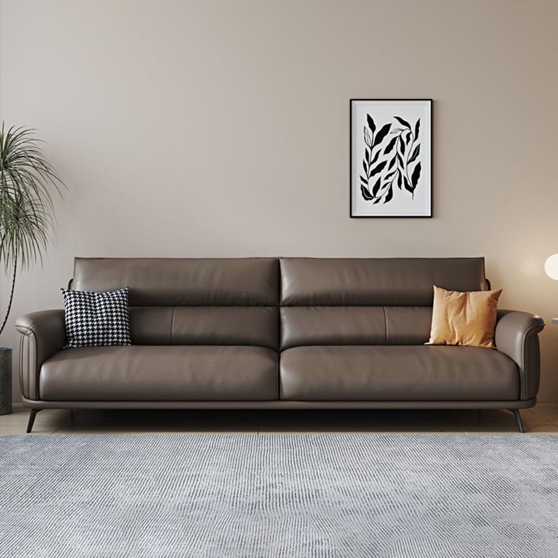 Flared Arm Sofa with Bolster Pillows Modern Leather Sofa in Brown