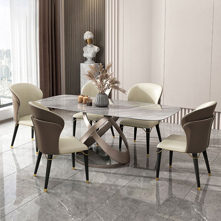 Modern Style Traditional Height Dining Set with Grey Fixed Rectangle Shape Table and Trestle Base Clearhalo 'Dining Room Sets' 'Dining Tables & Seating' 'dining_room_set' 'furn' 'furn_dining_room_set' 'Furniture' 'furniture_dining_room_set' 'Kitchen & Dining Furniture' 'kitchen&dining_furn' 'kitchen' 1200x1200_e2345711-255a-4070-a2b5-44382e71a818