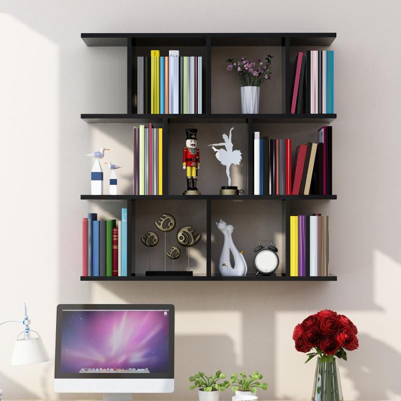 Modern Wall Mounted Shelf Bookcase Horizontal Engineered Wood Bookshelf