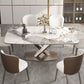 Mesa de comedor de piedra rectangular de lujo con acero dorado X-base
