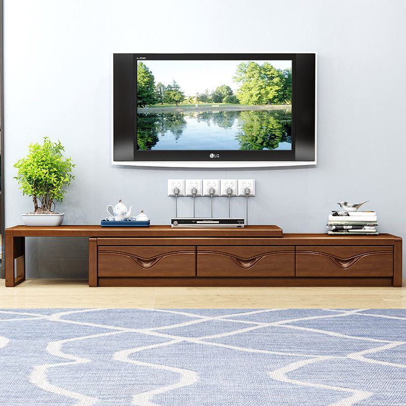 Soporte tradicional para TV, consola de soporte para TV de madera de caucho con cajones