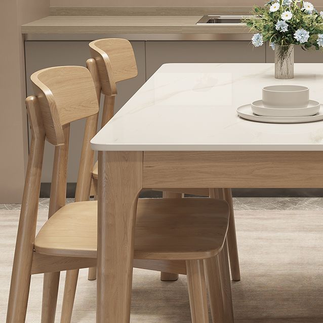 Mesa de comedor moderna con tapa de piedra blanca, mesa rectangular con patas de madera