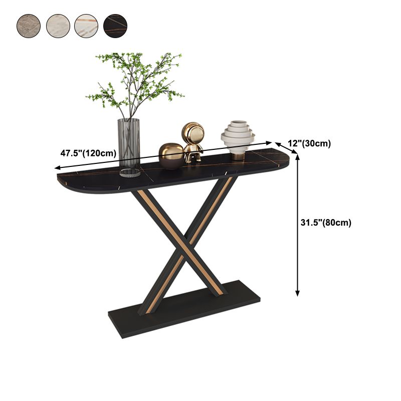Half Moon Stone Top Accent Table with Black Iron Pedestal Base Clearhalo 'Console Tables' 'console_tables' 'Entry & Mudroom Furniture' 'furn' 'furn_console_tables' 'Furniture' 1200x1200_e29cae3a-ef4e-415a-8570-5f854ea4bde7