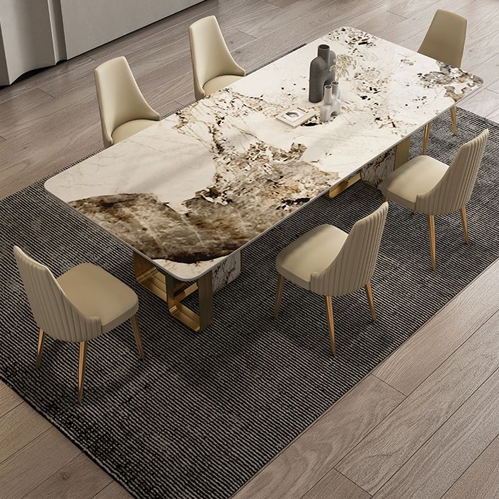Luxury Sintered Stone Top Dining Table Rectangle Table with Metal and Stone Double Pedestal in Gold Clearhalo ' dining_table' 'Dining Tables & Seating' 'Dining Tables' 'furn' 'furn_dining_table' 'Furniture' 'furniture_dining_table' 'Kitchen & Dining Furniture' 'kitchen&dining_furn' 'kitchen' 'kitchen_dining_table' 1200x1200_e2a9b6a4-0258-413b-acf8-a5e7d30e10f8