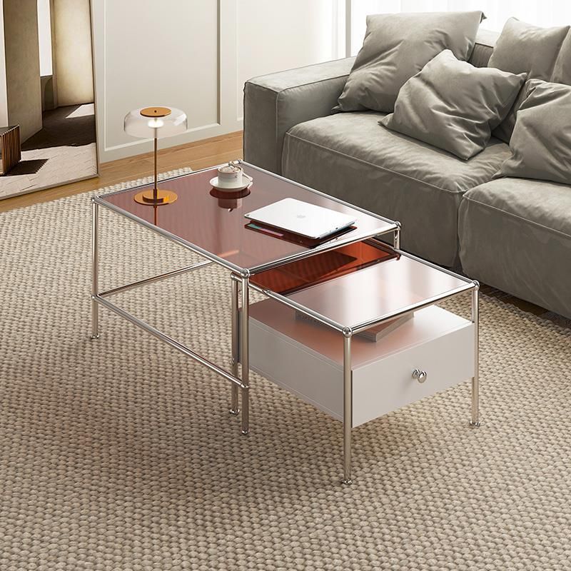 Modern 2 Nesting Glass Coffee Table Set Steel 4 Legs 1 - Drawer Cocktail Table Clearhalo 'Coffee & Accent Tables' 'Coffee Tables' 'coffee_tables' 'furn' 'furn_coffee_tables' 'Furniture' 'Living Room Furniture' 1200x1200_e2b6623d-b02b-485b-817b-dbb94b0b18b6