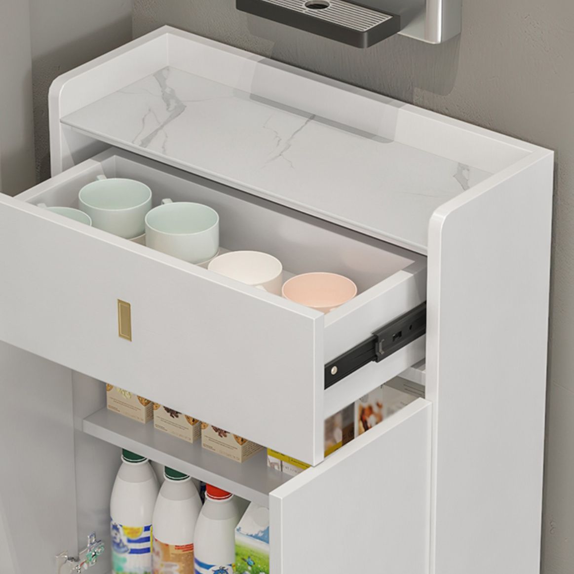 Pista de madera blanca de 1 cortavadora servidor moderno con encimera de piedra para sala de estar