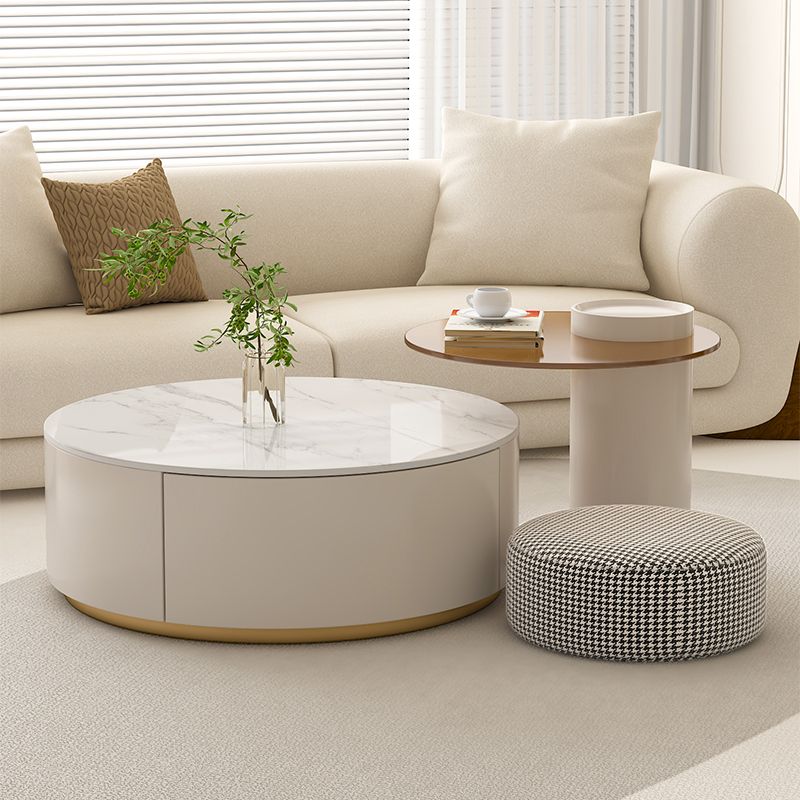 Modern Stone Drum Coffee Table with Storage Dia 31.5" Cocktail Table in Withe Clearhalo 'Coffee & Accent Tables' 'Coffee Tables' 'coffee_tables' 'furn' 'furn_coffee_tables' 'Furniture' 'Living Room Furniture' 1200x1200_e2dd50ce-0fa5-4300-83a8-0043c14f52e2