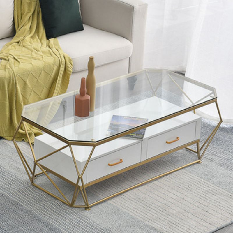 Glam Coffee Table with Glass/Marble Top and 2 Drawers and Iron Base Clearhalo 'Coffee & Accent Tables' 'Coffee Tables' 'coffee_tables' 'furn' 'furn_coffee_tables' 'Furniture' 'Living Room Furniture' 1200x1200_e2f3405c-5875-4283-bfc2-e28c967935c7