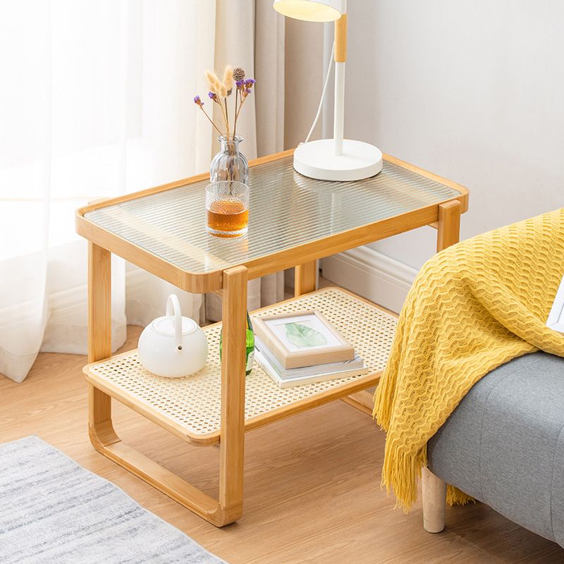 20.94" Tall Sled Side Table Asian Natural Side End Snack Table with Shelf