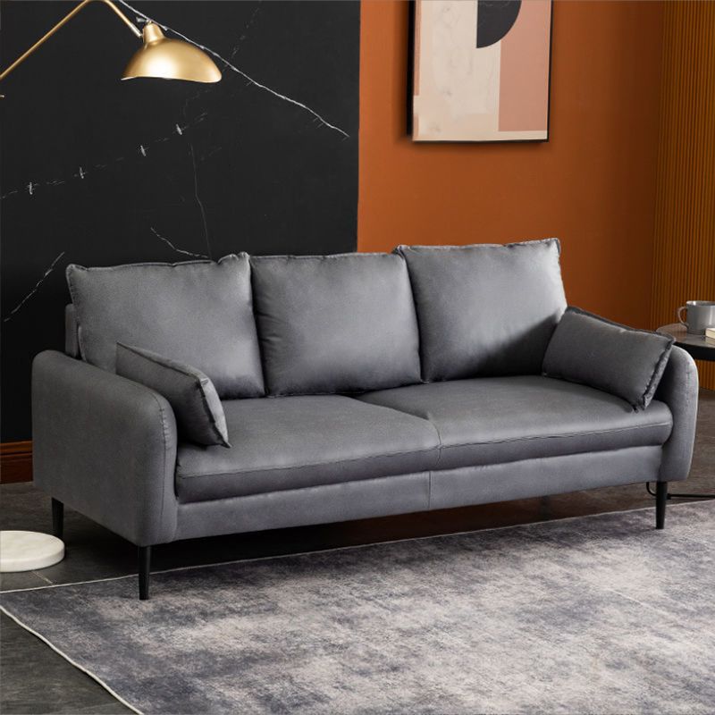 Contemporary Faux Leather Sofa with 3 Pillows Square Arm Living Room Settee