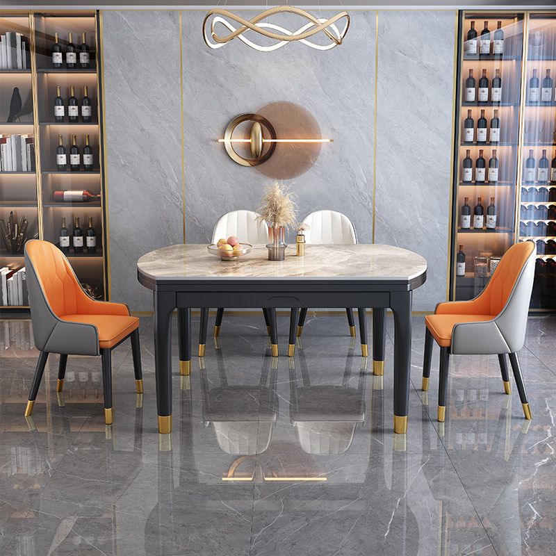 Modern Extendable Grey Stone Top Dining Table with 4 Black Steel Legs Clearhalo 'Dining Tables & Seating' 'Dining Tables' 'dining_table' 'furn' 'furn_dining_table' 'Furniture' 'Kitchen & Dining Furniture' 1200x1200_e3150f58-dd6a-46ea-8f6c-cb33c450e8b4