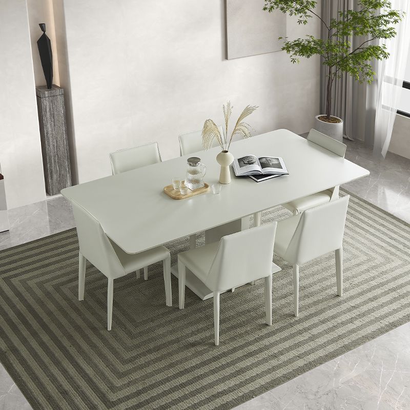 Mesa de comedor de piedra blanca y acero, mesa de comedor informal con pedestal rectangular