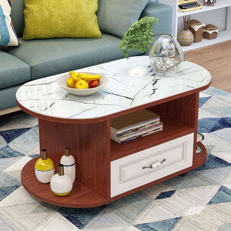 table basse ovale moderne avec étagère et tiroir et roulettes