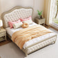 Queen Size Victoriaans houten bedframe getuft gestoffeerd standaardbed in beige