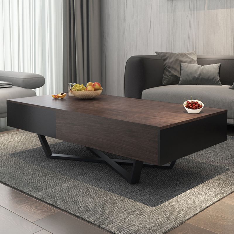 15.7" H Modern Rectangle Wooden Coffee Table Metal Cross Legs Cocktail Table