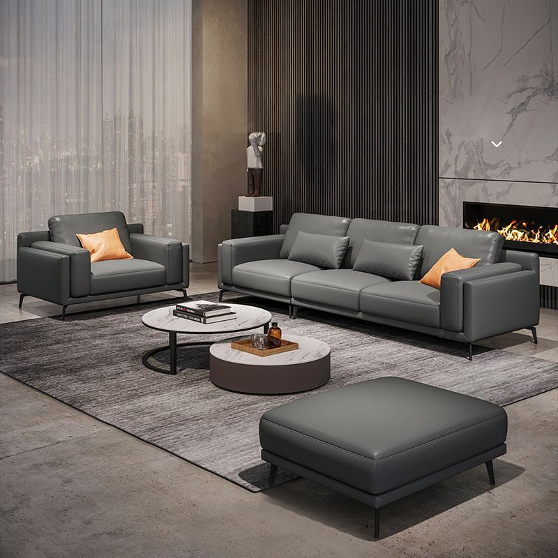 Square Arm Grey Pillowed Back Cushions Splayed Wooden Legs Sofa Clearhalo 'furn' 'furn_sectionals' 'Furniture' 'furniture_sectionals' 'kitchen' 'kitchen_sectionals' 'Living Room Furniture' 'Sectionals' 1200x1200_e34b27ce-1470-4dff-97ed-6f7729178df5