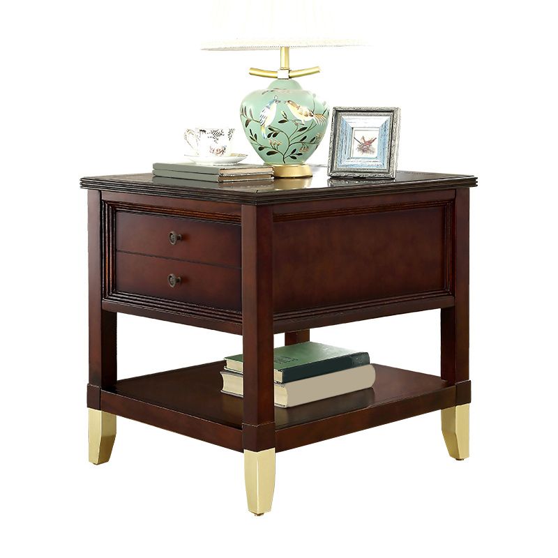 Contemporary Solid Wood End Table Rectangular Side Table with Storage and Shelf