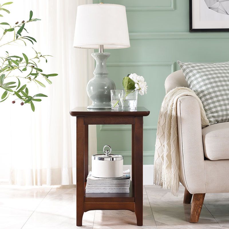 Wood Scandinavian Rectangular 4 Legs Side Table with Storage Shelf