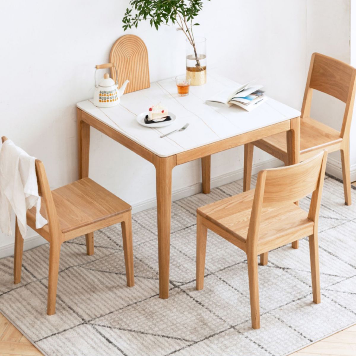 Modern Square White Stone Tabletop Dining Table with 4 Oak Legs Clearhalo 'Dining Tables & Seating' 'Dining Tables' 'dining_table' 'furn' 'furn_dining_table' 'Furniture' 'Kitchen & Dining Furniture' 1200x1200_e36eb7a5-1694-4d9c-bbac-a0e961013cf4