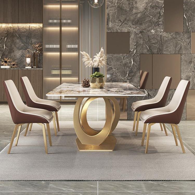 Set di tavoli da pranzo beige lucido 1/2/5/7 PC glam dinette con sedie in pelle