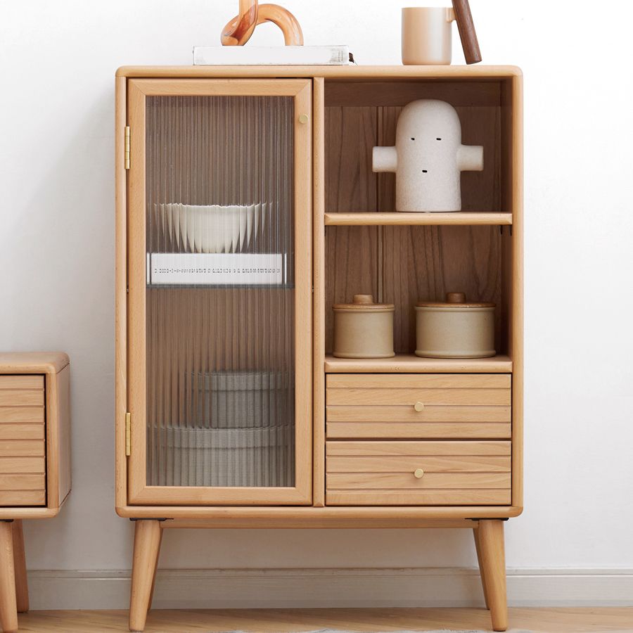 Contemporary Glass Paned Solid Wood 2 - Drawer Living Room Accent Cabinet