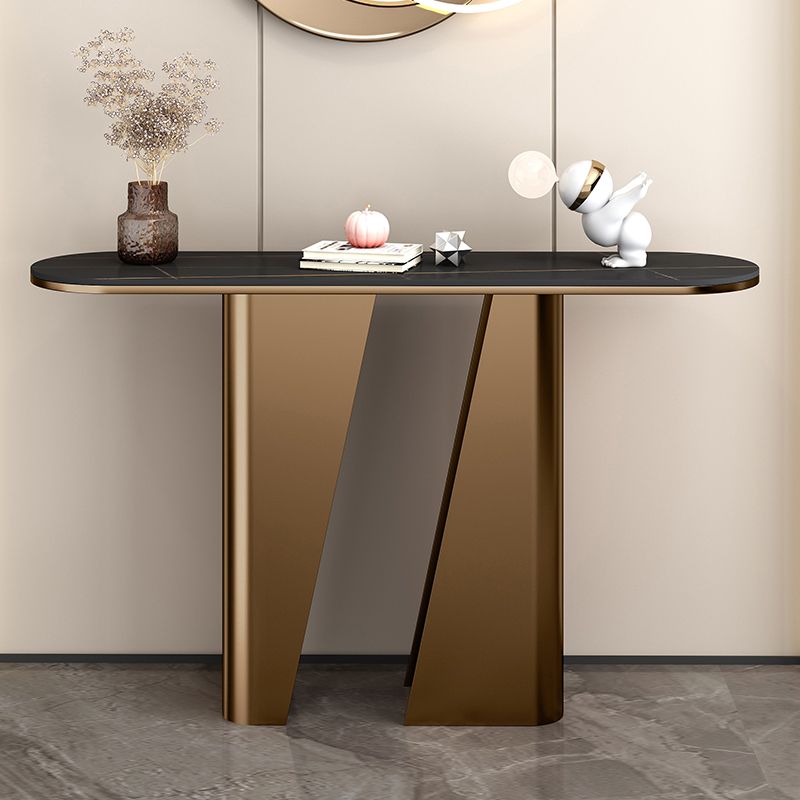 Modern Half Moon Console Table Stone Console Sofa Table in Gold/Black
