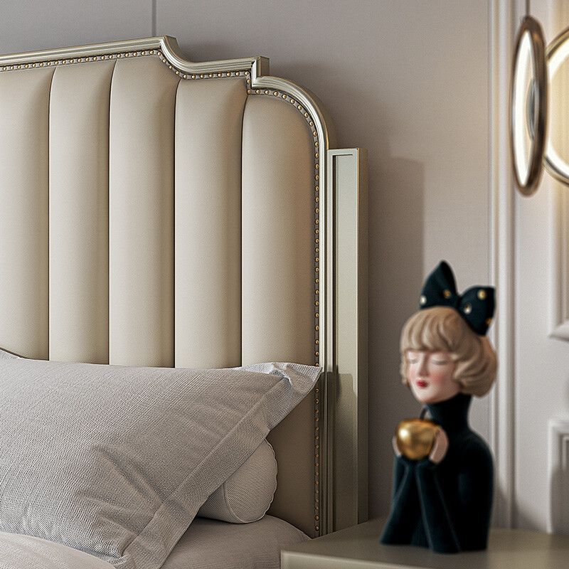 Stepped Glam Bed Frame Beech Standard Bed with Nail Head Trim Clearhalo 'Bedroom Furniture' 'Beds' 'furn' 'furn_beds' 'Furniture' 1200x1200_e3cfc9c7-9374-4515-bdfd-eb6086bbb1de