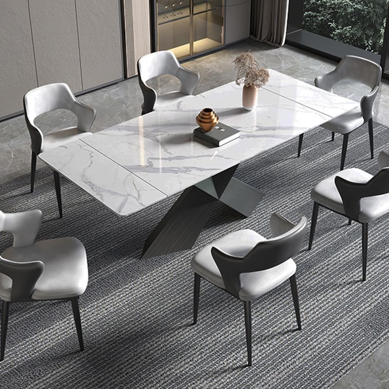 Mesa de comedor de piedra blanca rectangular moderna con pedestal doble de acero negro