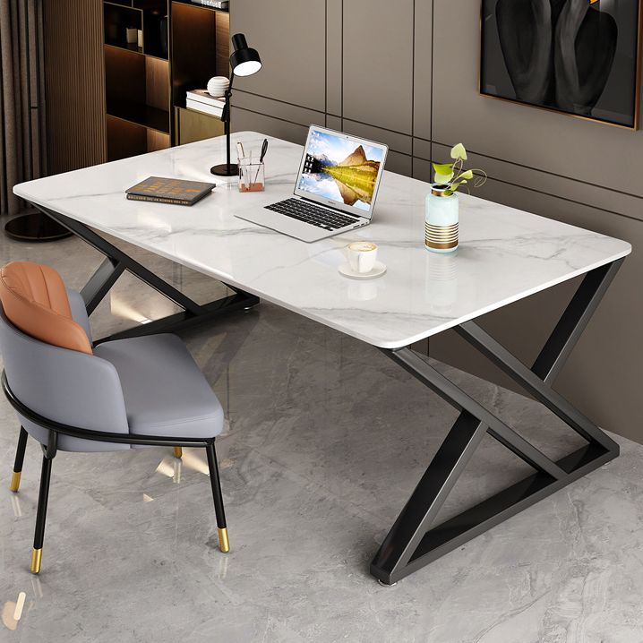 White and Grey Computer Desk Rectangular Writing Desk Stone and Metal Clearhalo 'furn' 'furn_office_desk' 'Furniture' 'Office Desks' 'Office Furniture' 'office_desk' 1200x1200_e3df47df-0895-4f99-8b73-49f3cf6d3ea4
