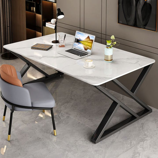 White and Grey Computer Desk Rectangular Writing Desk Stone and Metal Clearhalo 'furn' 'furn_office_desk' 'Furniture' 'Office Desks' 'Office Furniture' 'office_desk' 1200x1200_e3df47df-0895-4f99-8b73-49f3cf6d3ea4