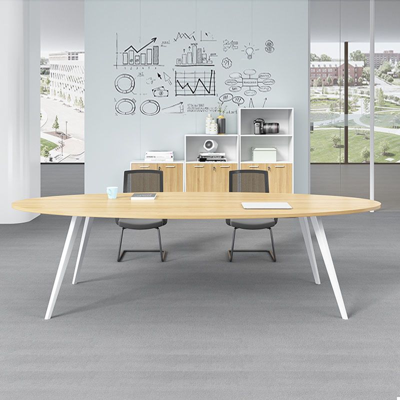 Oval Wooden Writing Desk Office Natural Desktop Desk with White Parsons Table Leg Clearhalo 'furn' 'furn_office_desk' 'Furniture' 'Office Desks' 'Office Furniture' 'office_desk' 1200x1200_e4065f13-99c8-4e88-8a46-a7984ad639b9