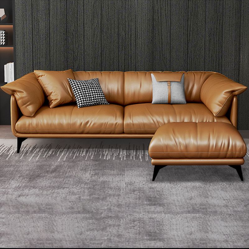 Tan Cushion Back Contemporary Stain-Resistant Genuine Leather Sofa Clearhalo 'furn' 'furn_sectionals' 'Furniture' 'furniture_sectionals' 'kitchen' 'kitchen_sectionals' 'Living Room Furniture' 'Sectionals' 1200x1200_e40f1c1a-c8e4-49d1-88ff-741ab28a1c4b