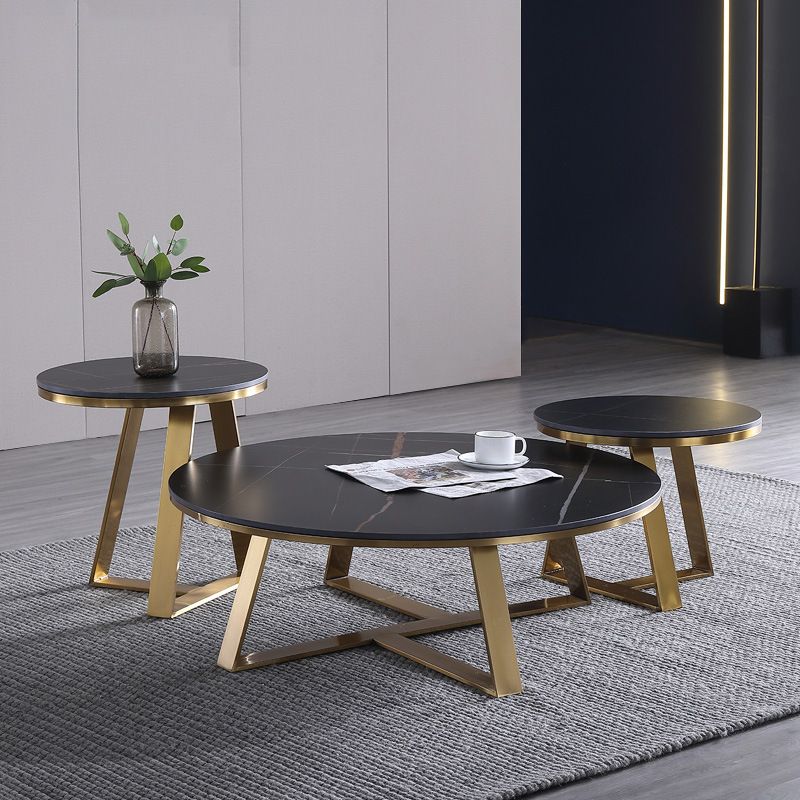 Black Round Slate Coffee Table Luxurious Steel Frame Cocktail Table
